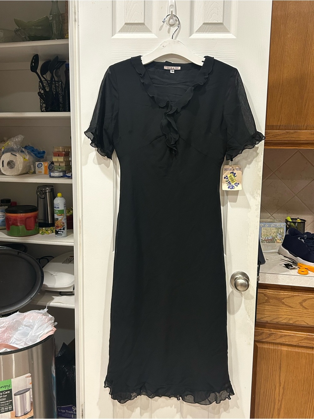 Chelsea and Violet Classic Black Ruffle-Trim Midi Dress small